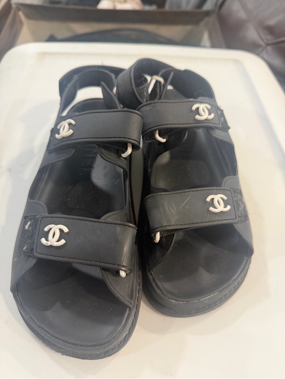 CHANEL Black Rubber Double CC Strap Sandals